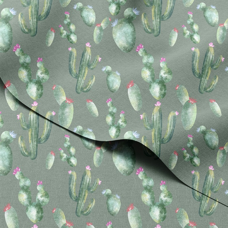 Tkanina wodoodporna Oxford Akwarelowe kaktusy z kwiatami na oliwkowym tle – tkanina drukowana