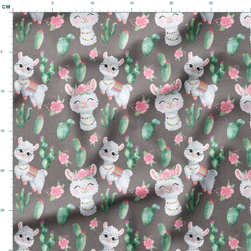 Tkanina wodoodporna Oxford Uśmiechnięte lamy wśród kaktusów i kwiatów – tkanina drukowana