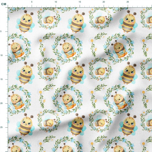 Tkanina wodoodporna Oxford Uśmiechnięte pszczółki w wiankach z dzwonków – tkanina drukowana