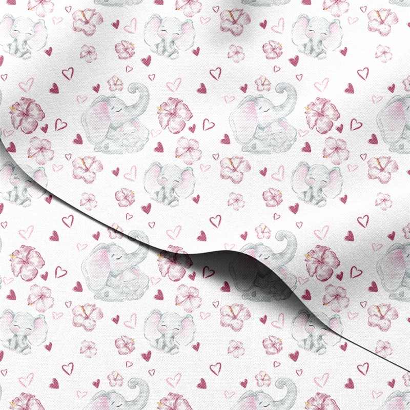 Tkanina wodoodporna Oxford Słonie i hibiskusy z serduszkami – tkanina drukowana