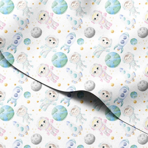 Tkanina wodoodporna Oxford Astronauci i rakiety wśród planet – tkanina drukowana