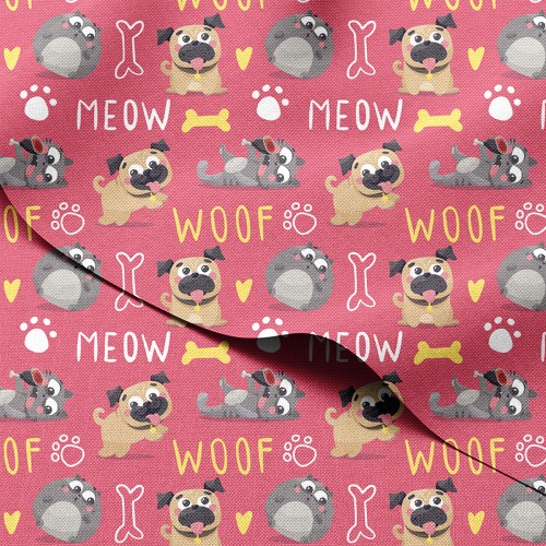 Tkanina wodoodporna Oxford Mopsy i kotki z napisami Meow i Woof – tkanina drukowana