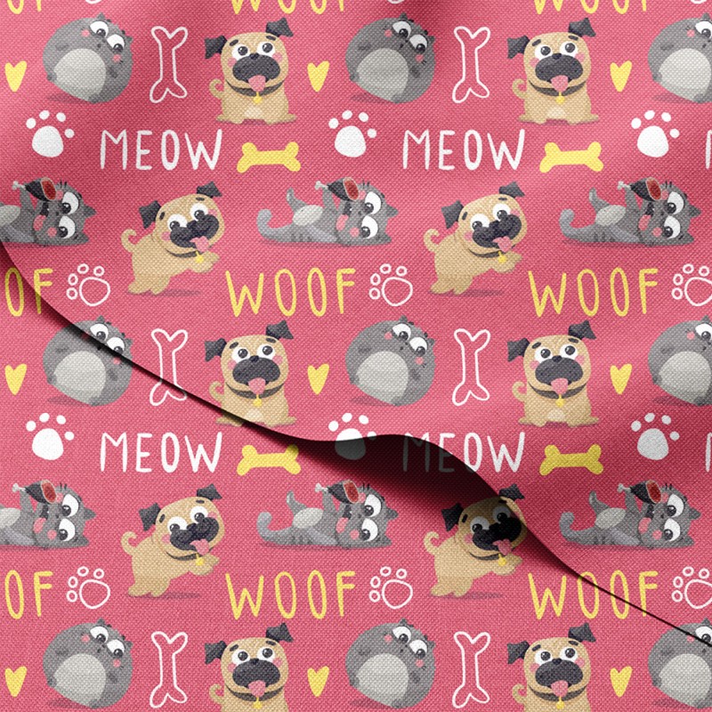 Tkanina wodoodporna Oxford Mopsy i kotki z napisami Meow i Woof – tkanina drukowana