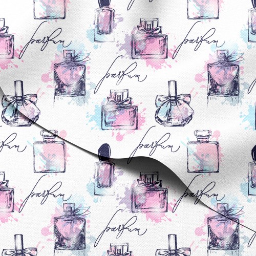 Tkanina wodoodporna Oxford Flakony perfum z kokardkami i napisem parfum – tkanina drukowana