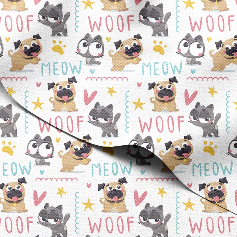 Tkanina wodoodporna Oxford Kotki i mopsy z napisami Woof i Meow – tkanina drukowana