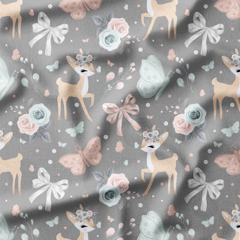 Sarenki w kwiatowych wieńcach z motylami na szarym tle – Oxford z nadrukiem