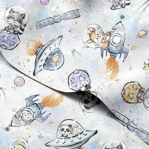 Tkanina wodoodporna Oxford Zwierzątka kosmonauci w rakietach i ufo – tkanina drukowana