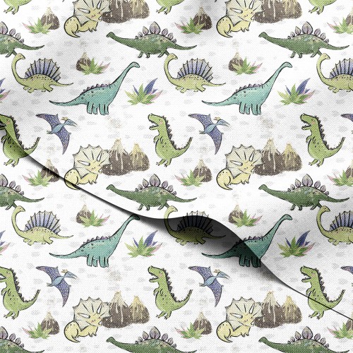 Tkanina wodoodporna Oxford Uśmiechnięte dinozaury wśród wulkanów – tkanina drukowana
