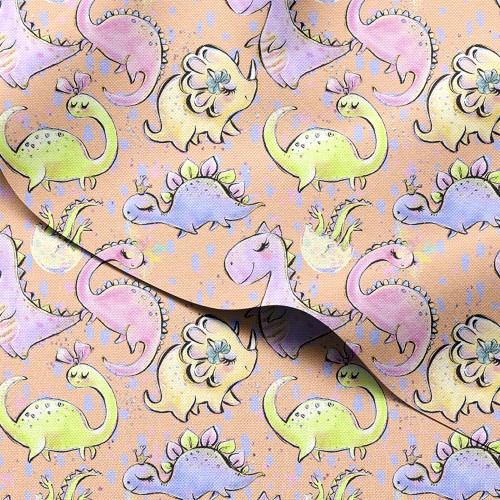 Tkanina wodoodporna Oxford Śpiące dinozaury z kokardkami na brzoskwiniu – tkanina drukowana
