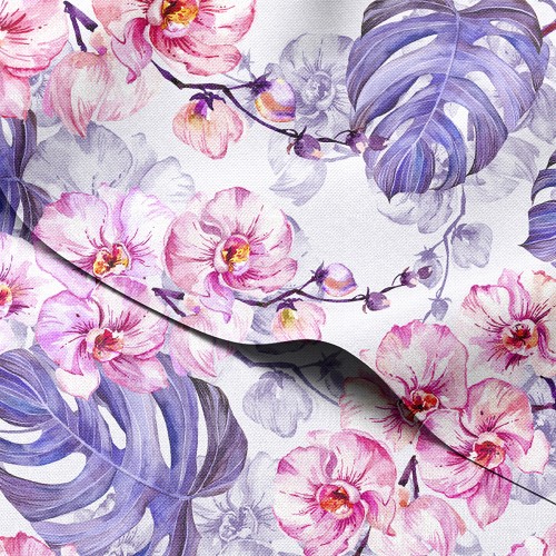 Tkanina wodoodporna Oxford Orchidee i liście monstery na liliowym tle – tkanina drukowana