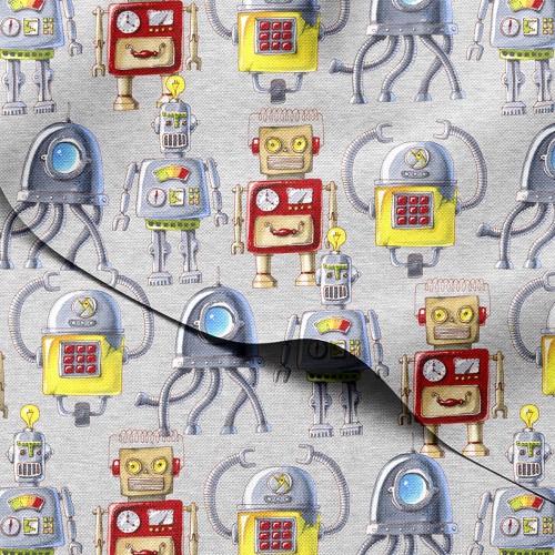 Tkanina wodoodporna Oxford Roboty z panelami na szarym melanżu – tkanina drukowana