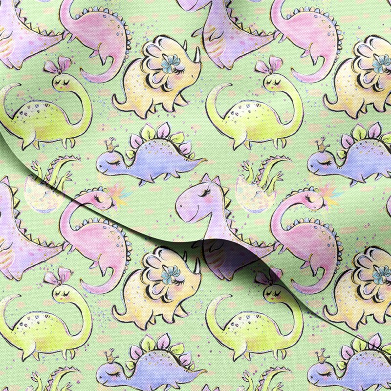 Tkanina wodoodporna Oxford Uśmiechnięte dinozaury na zielonym tle – tkanina drukowana