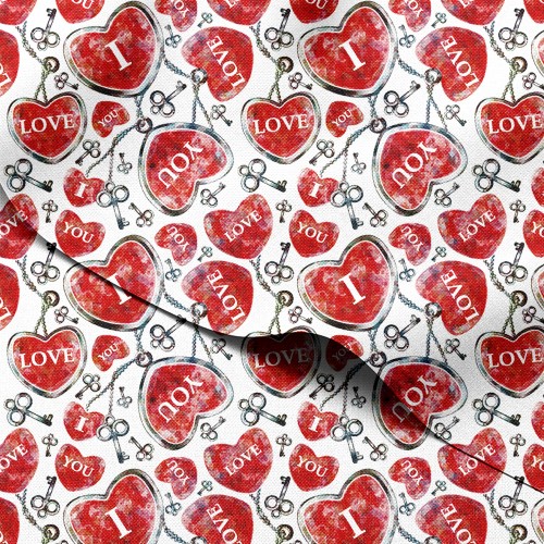 Tkanina wodoodporna Oxford Czerwone serca z kluczami i napisem I love you – tkanina drukowana