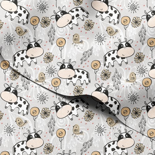Tkanina wodoodporna Oxford Krowy i ptaszki wśród kwiatów – tkanina drukowana