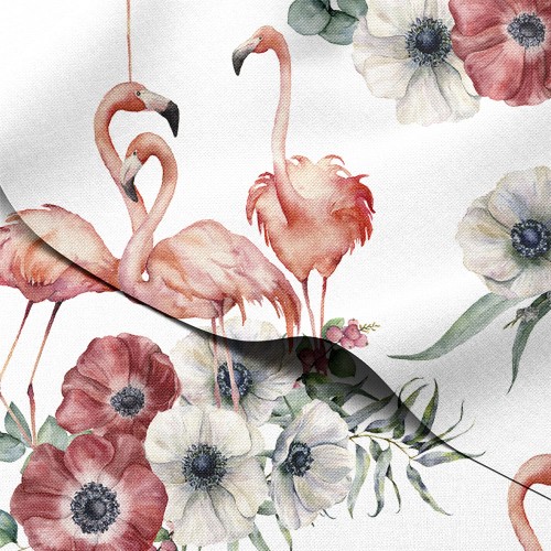 Tkanina wodoodporna Oxford Flamingi z akwarelowymi anemonami – tkanina drukowana