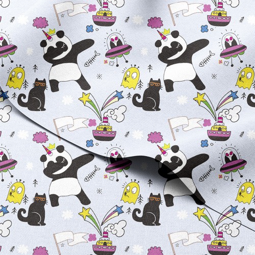 Tkanina wodoodporna Oxford Tańcząca panda jednorożec wśród kosmicznych stworków – tkanina drukowana
