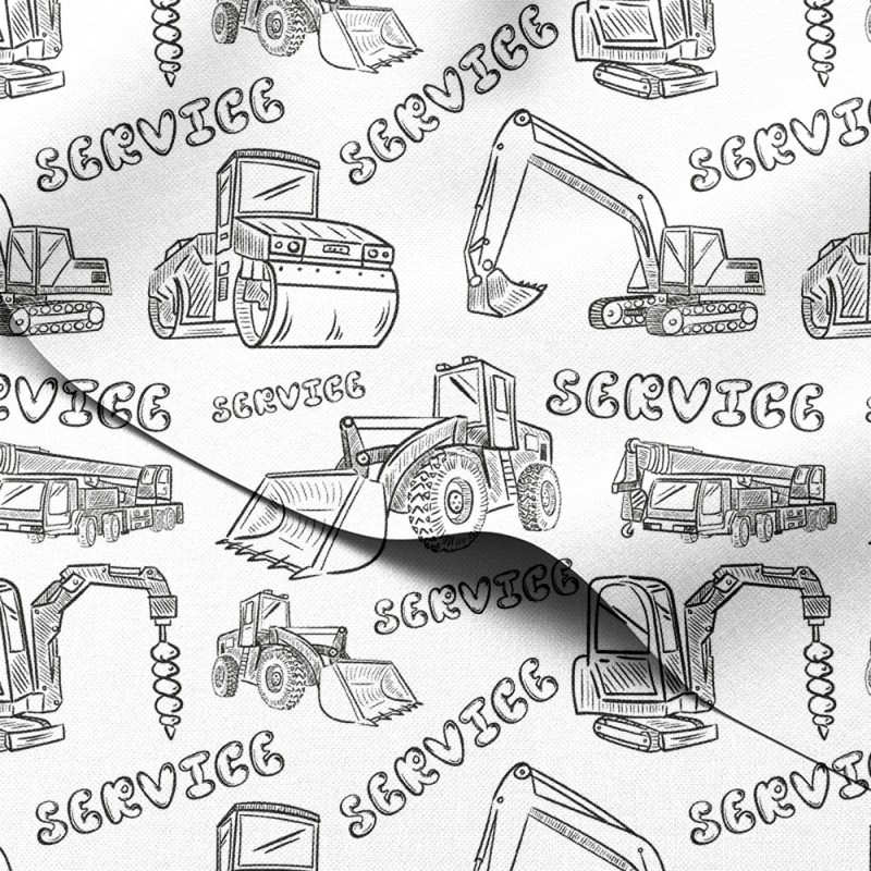 Tkanina wodoodporna Oxford Szkicowane maszyny budowlane z napisem Service – tkanina drukowana