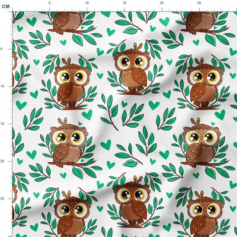 Tkanina wodoodporna Oxford Sowy na gałązkach z zielonymi serduszkami – tkanina drukowana na metry