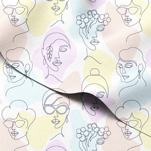 Tkanina wodoodporna Oxford Kobiece twarze line art na pastelowych plamach – tkanina drukowana