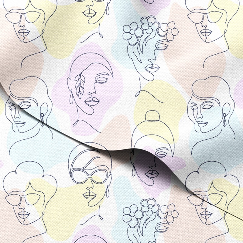 Tkanina wodoodporna Oxford Kobiece twarze line art na pastelowych plamach – tkanina drukowana