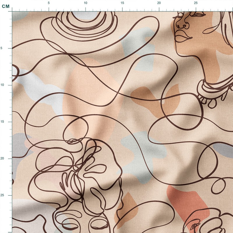 Tkanina wodoodporna Oxford Twarze kobiet w stylu line art na beżowym tle – tkanina drukowana na metry