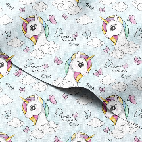 Tkanina wodoodporna Oxford Jednorożce na chmurkach z motylami sweet dreams – tkanina drukowana