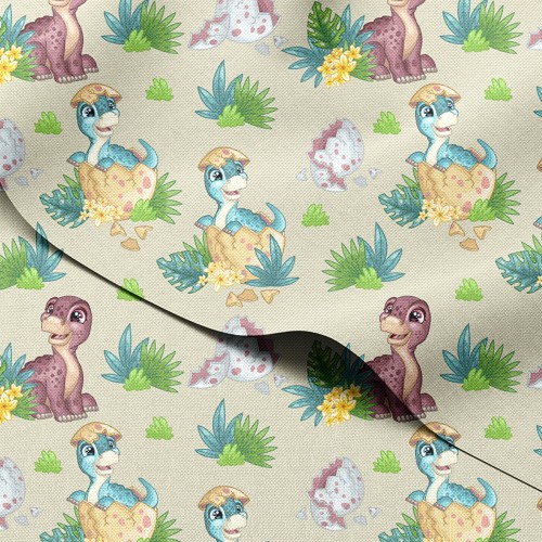 Tkanina wodoodporna Oxford Małe dinozaury wykluwające się z jajek wśród liści – tkanina drukowana