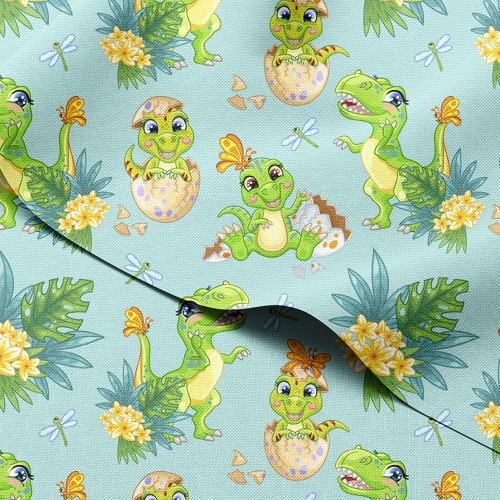 Tkanina wodoodporna Oxford Wesołe dinozaurki wyklute z jajek wśród liści – tkanina drukowana