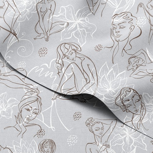 Tkanina wodoodporna Oxford Kobiece sylwetki i lilie w stylu line art – tkanina drukowana