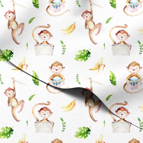 Tkanina wodoodporna Oxford Uśmiechnięte małpki z bananami wśród liści monstery – tkanina drukowana