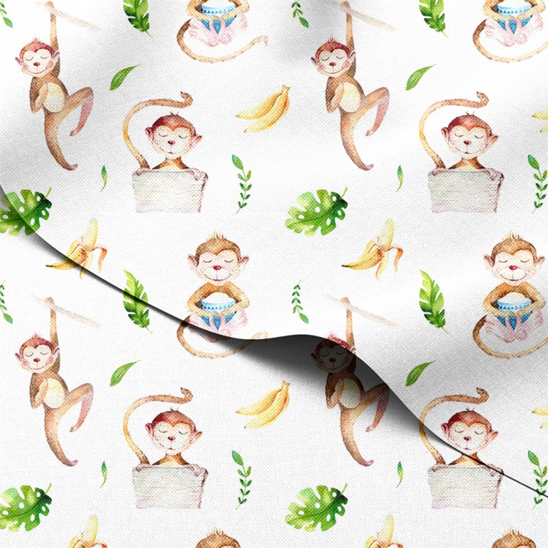 Tkanina wodoodporna Oxford Uśmiechnięte małpki z bananami wśród liści monstery – tkanina drukowana