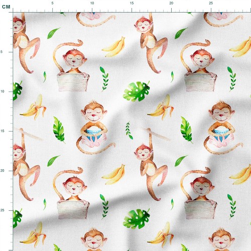 Tkanina wodoodporna Oxford Uśmiechnięte małpki z bananami wśród liści monstery – tkanina drukowana