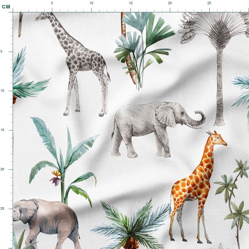 Tkanina wodoodporna Oxford Słonie i żyrafy wśród palm – tkanina drukowana