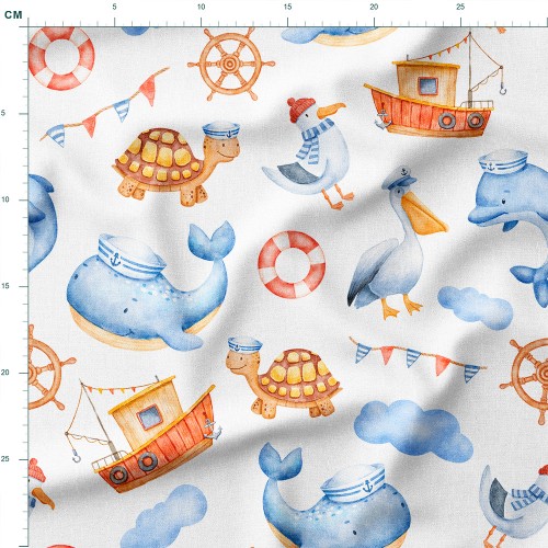 Tkanina wodoodporna Oxford Wieloryby żółwie i kutry rybackie w czapkach marynarskich – tkanina drukowana