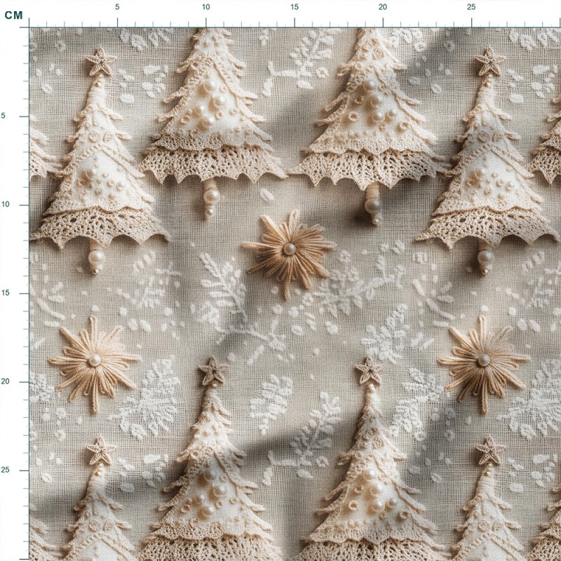 Tkanina wodoodporna Oxford Koronkowe choinki z perełkami na śnieżnym tle – tkanina drukowana na metry
