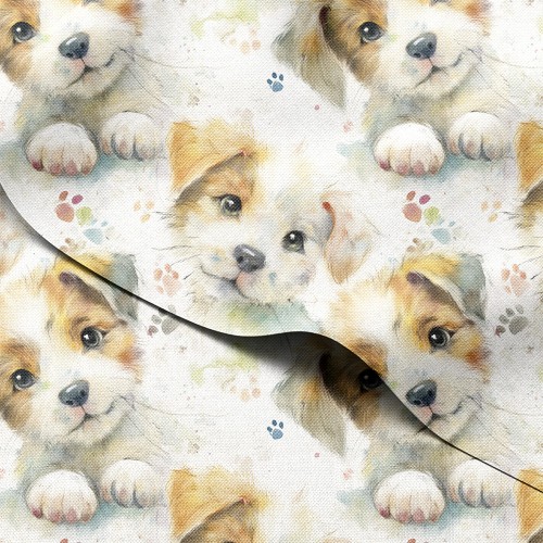 Tkanina wodoodporna Oxford Uśmiechnięte szczeniaki i ślady łap na białym tle – tkanina drukowana