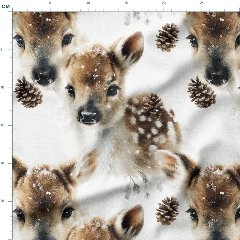 Tkanina wodoodporna Oxford Jelonki w śniegu wśród szyszek – tkanina drukowana na metry