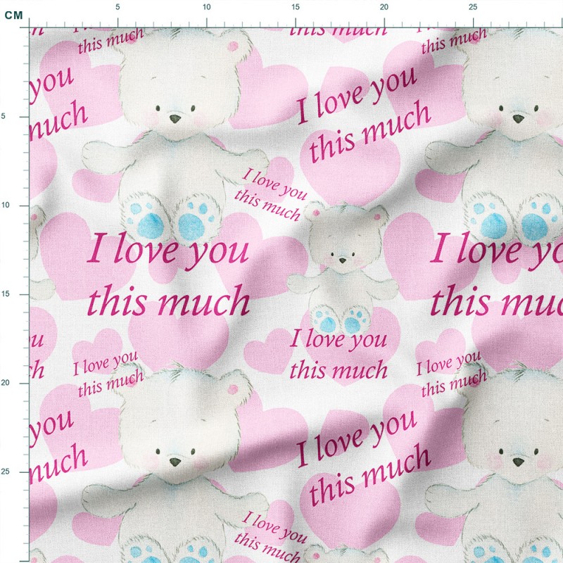 Tkanina lniana Pluszowe misie i serduszka z napisem I love you – tkanina drukowana na metry