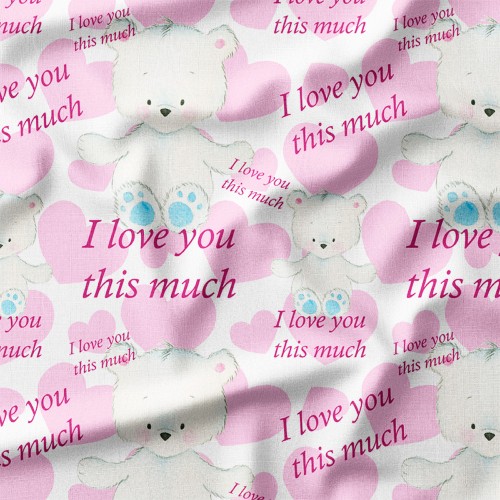 Tkanina lniana Pluszowe misie i serduszka z napisem I love you – tkanina drukowana na metry