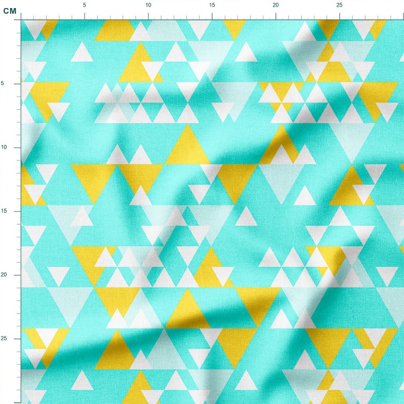 Tkanina lniana Turkusowe i żółte trójkąty w geometrycznym rytmie – tkanina drukowana na metry