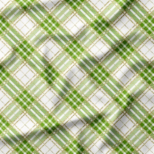Tkanina lniana Zielona krata tartan ze złotym konturem – tkanina drukowana na metry