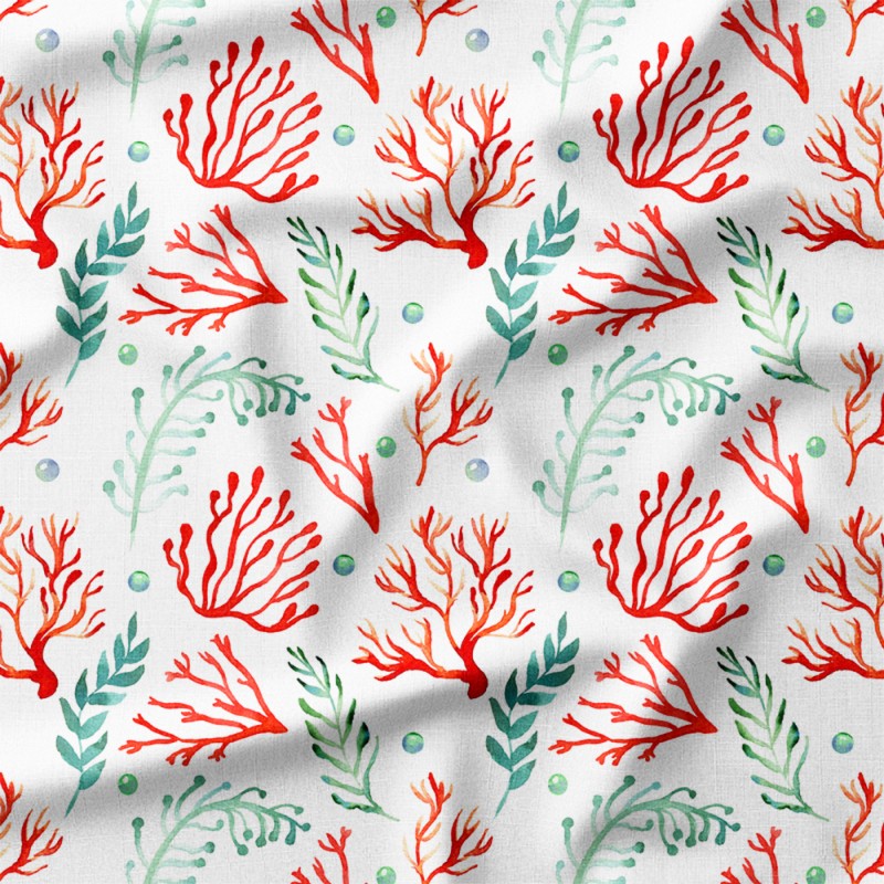 Czerwone korale i zielone wodorosty akwarela – len z nadrukiem