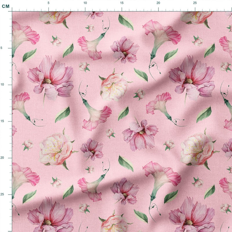Tkanina lniana Akwarelowe hibiskusy i piwonie na różu – tkanina drukowana na metry