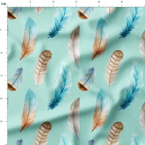 Tkanina lniana Brązowo-błękitne pióra na turkusowym tle – tkanina drukowana na metry
