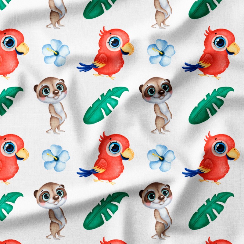 Papugi i surykatki wśród liści i kwiatów – len z nadrukiem