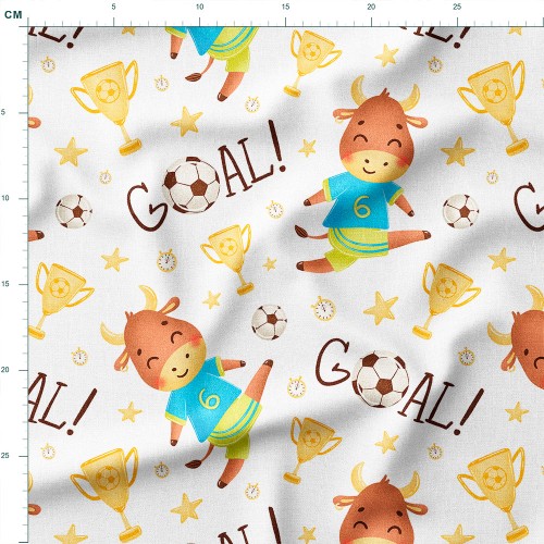 Tkanina lniana Byczki piłkarze z pucharami i napisem Goal – tkanina drukowana na metry