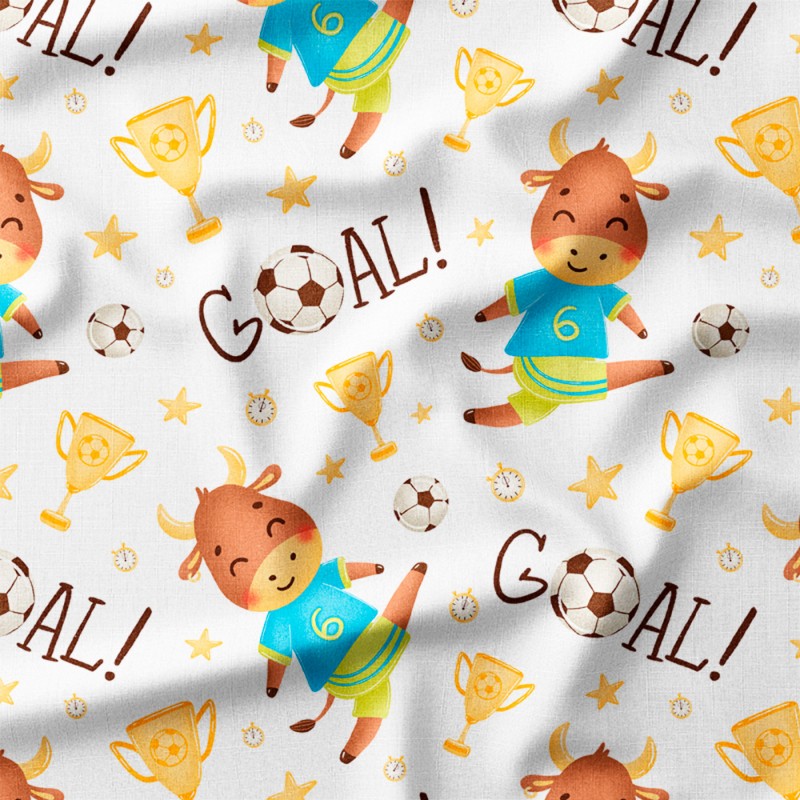 Byczki piłkarze z pucharami i napisem Goal – len z nadrukiem