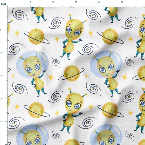Tkanina lniana Uśmiechnięci kosmici z planetami i galaktykami – tkanina drukowana na metry