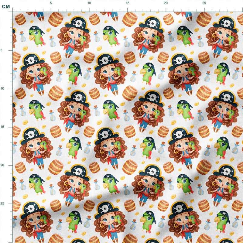 Tkanina lniana Piratki z papugami wśród beczek i monet – tkanina drukowana na metry