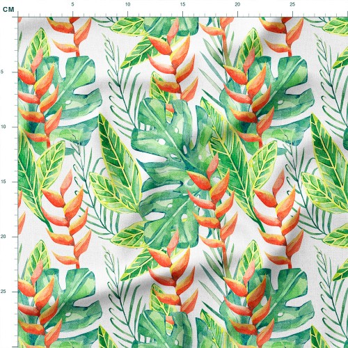 Tkanina lniana Monstera i heliconie akwarela – tkanina drukowana na metry